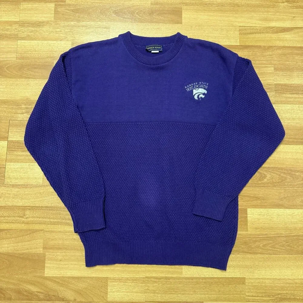 Vintage 90's Kansas State Wildcats KSU Purple Knit Crewneck Sweater Sz Medium